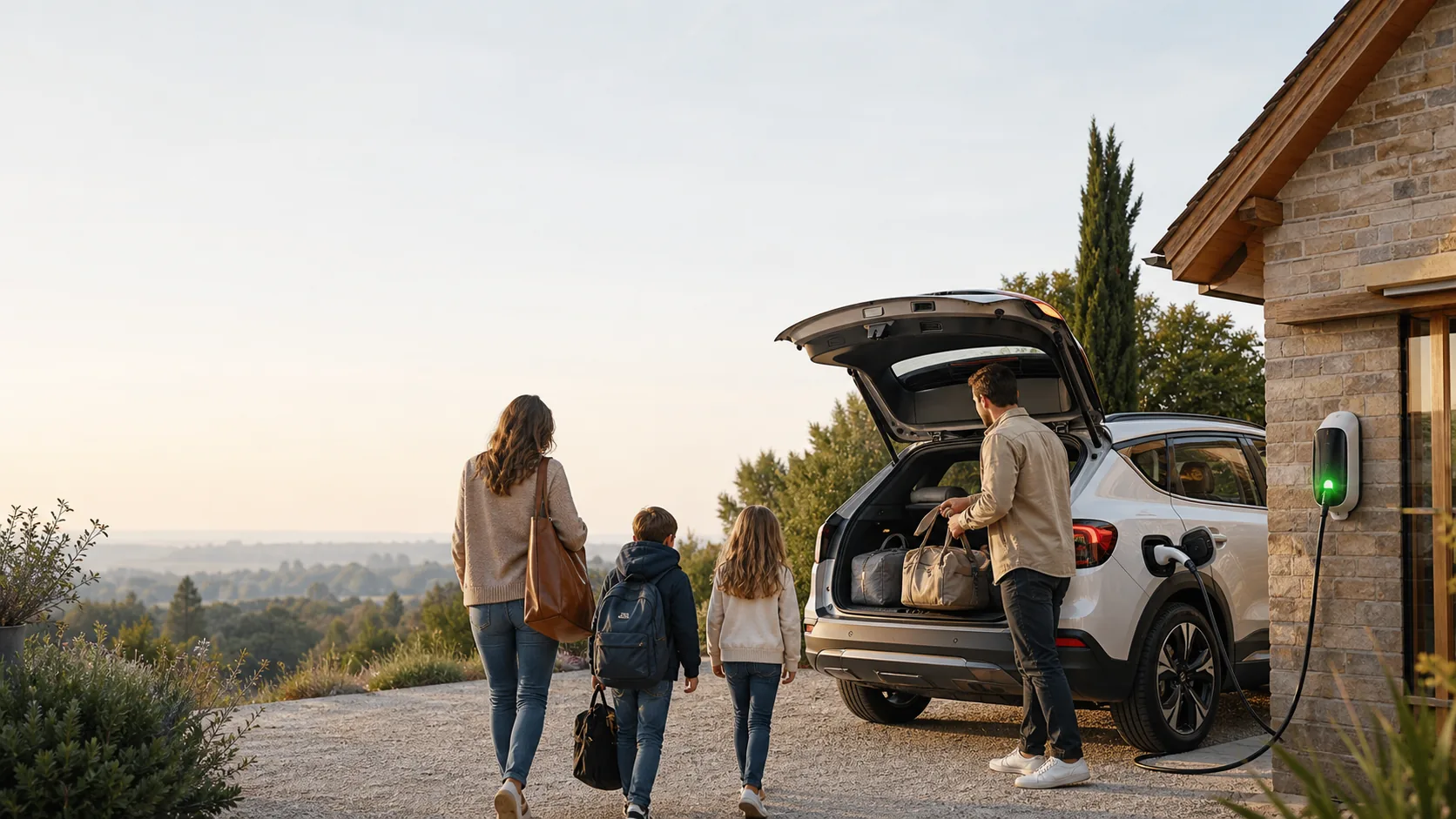 Famille préparant un départ en véhicule électrique avec coffre et recharge à domicile